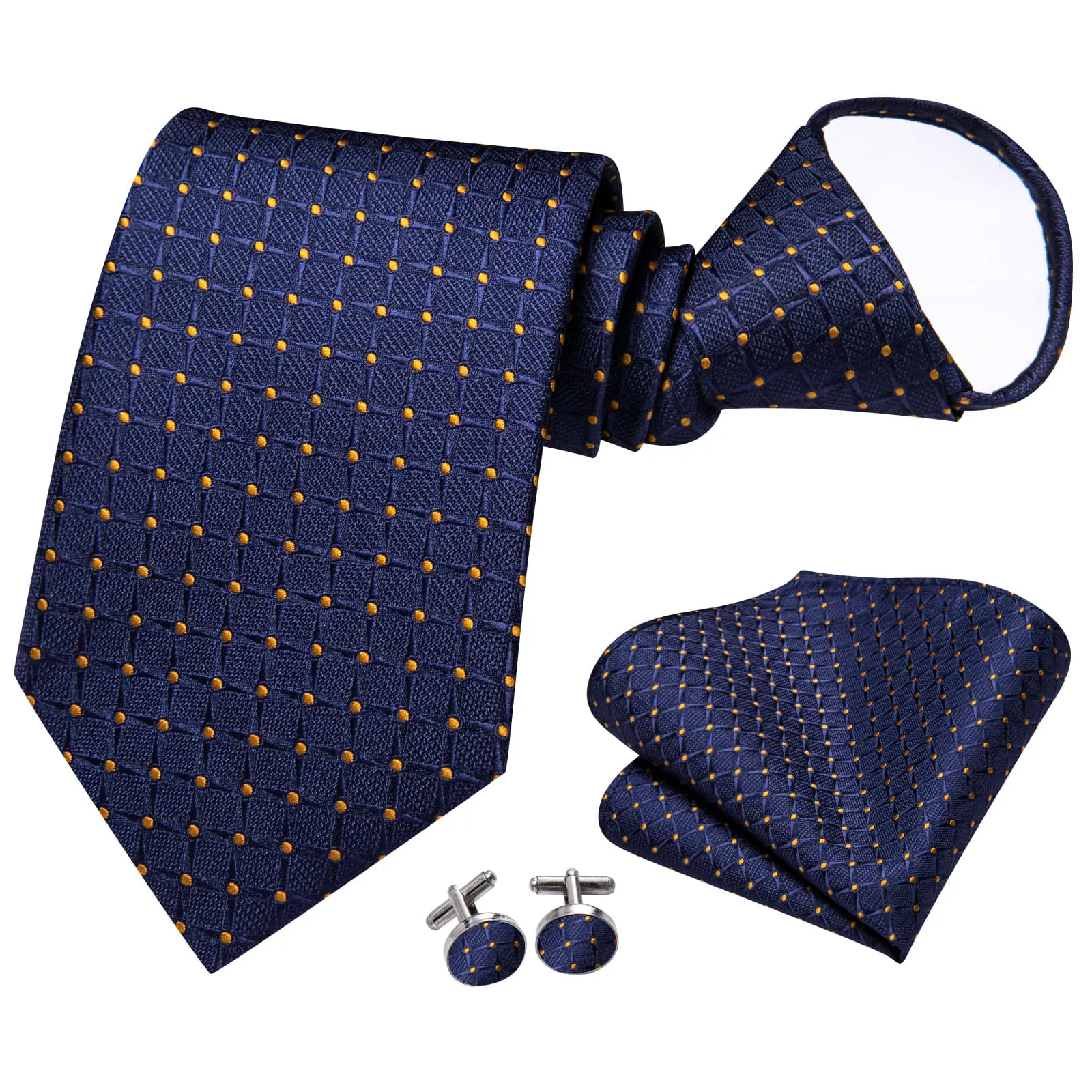 Hi-Tie Zipper Ties Oxford Blue Plaid Gold Dots Tie Hanky Cufflinks Set