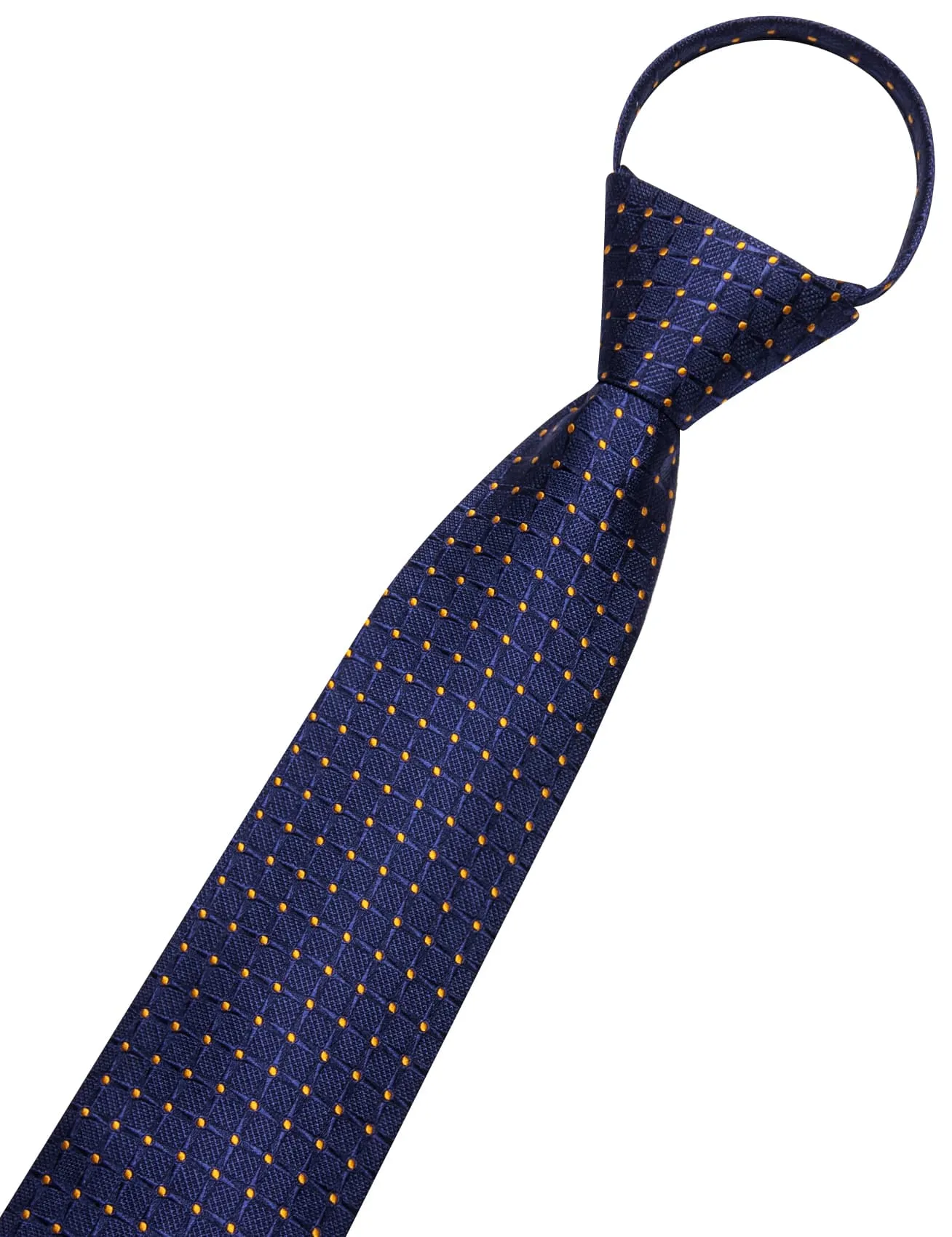 Hi-Tie Zipper Ties Oxford Blue Plaid Gold Dots Tie Hanky Cufflinks Set