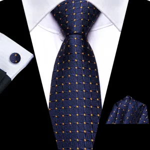 Hi-Tie Zipper Ties Oxford Blue Plaid Gold Dots Tie Hanky Cufflinks Set