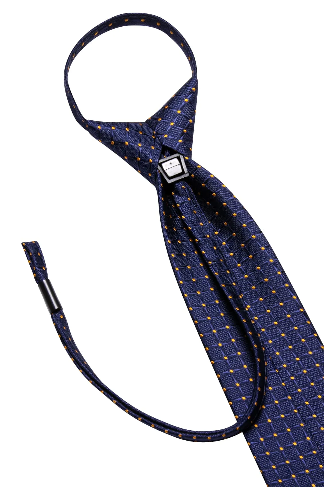 Hi-Tie Zipper Ties Oxford Blue Plaid Gold Dots Tie Hanky Cufflinks Set