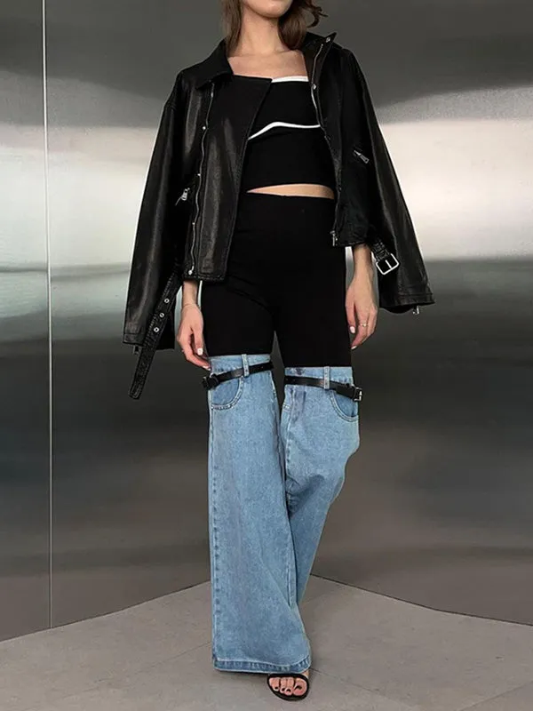 High Waisted Belted Split-Joint Flared Trousers