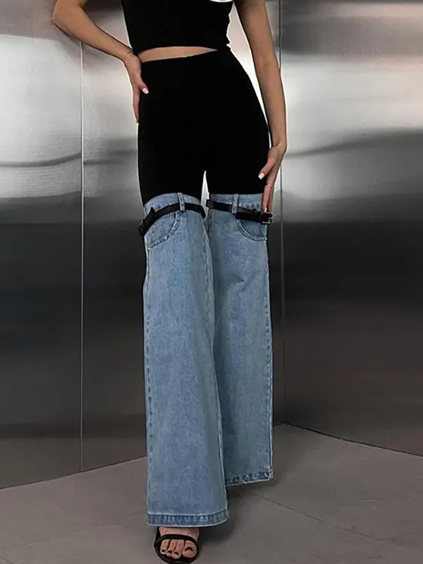 High Waisted Belted Split-Joint Flared Trousers