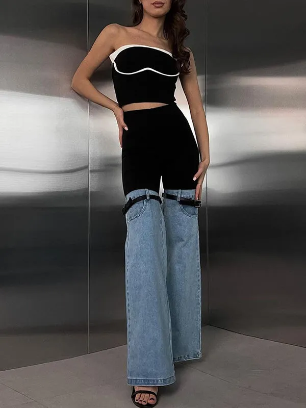 High Waisted Belted Split-Joint Flared Trousers