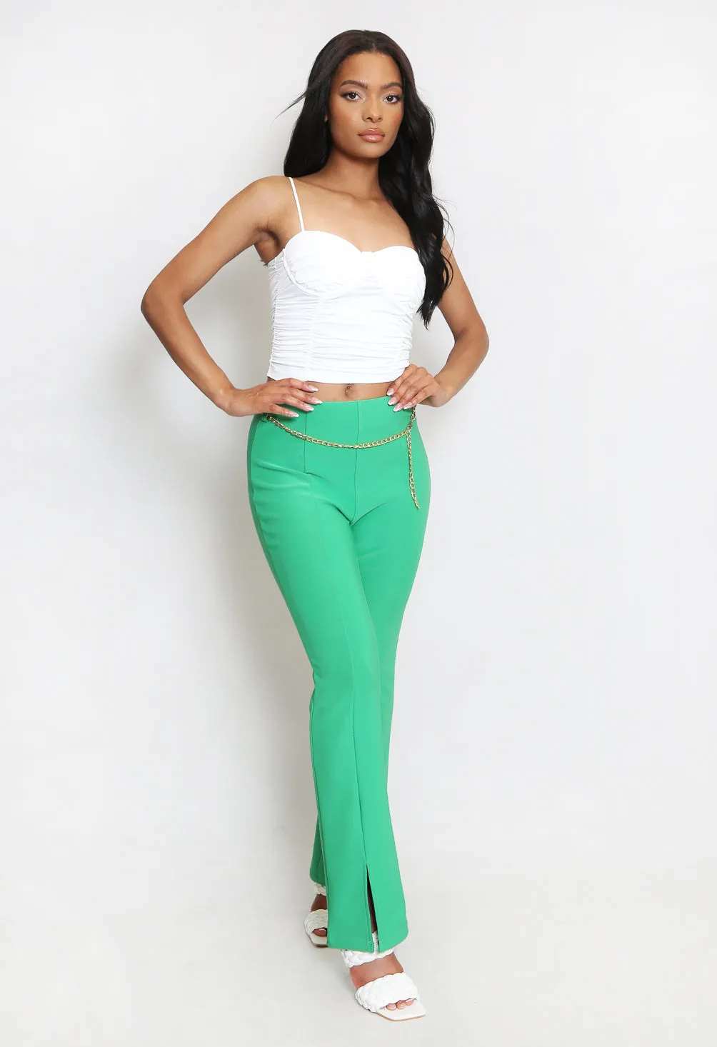 High Waisted Fit and Flare Trousers With Side Split And Chain Belt