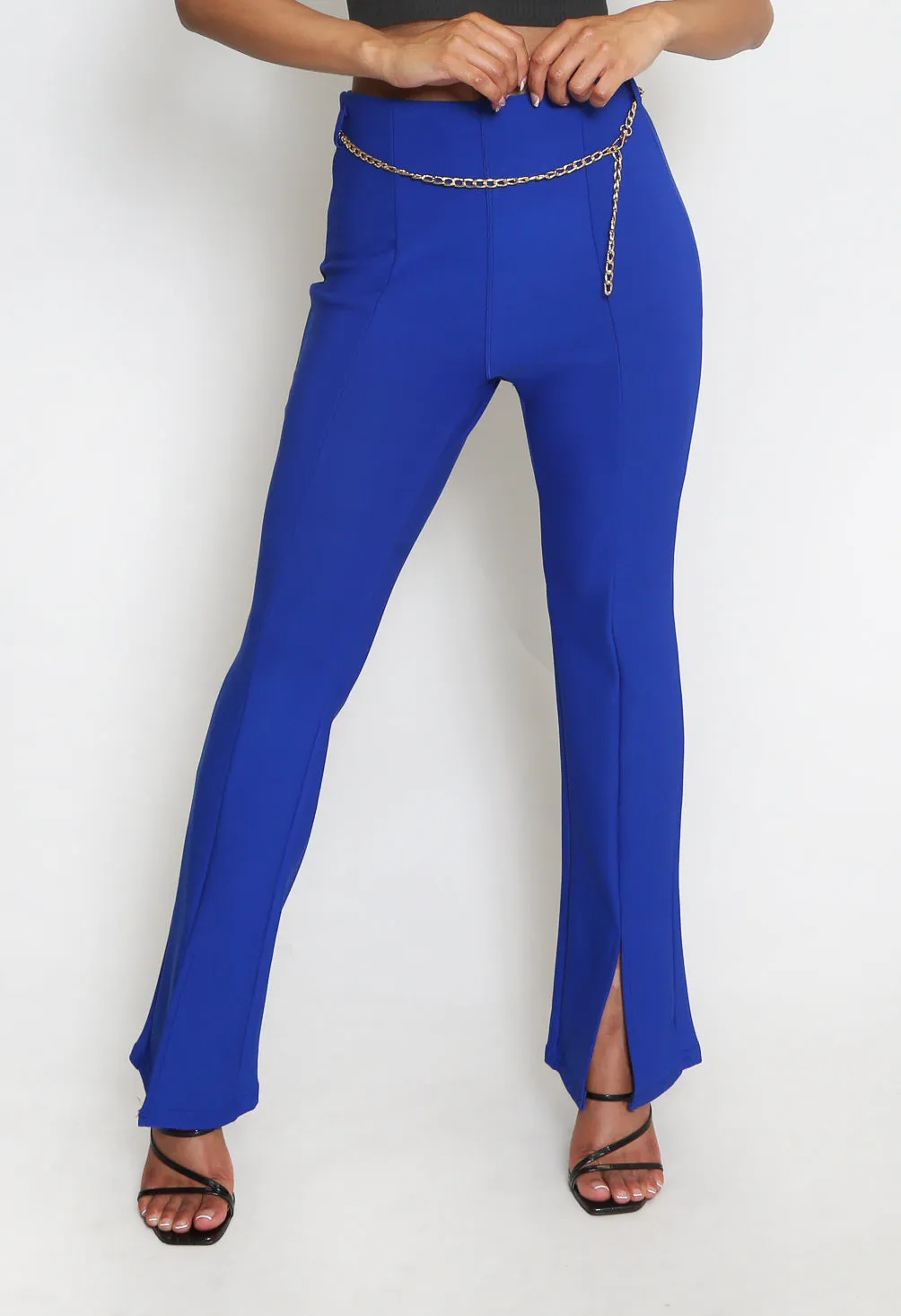 High Waisted Fit and Flare Trousers With Side Split And Chain Belt