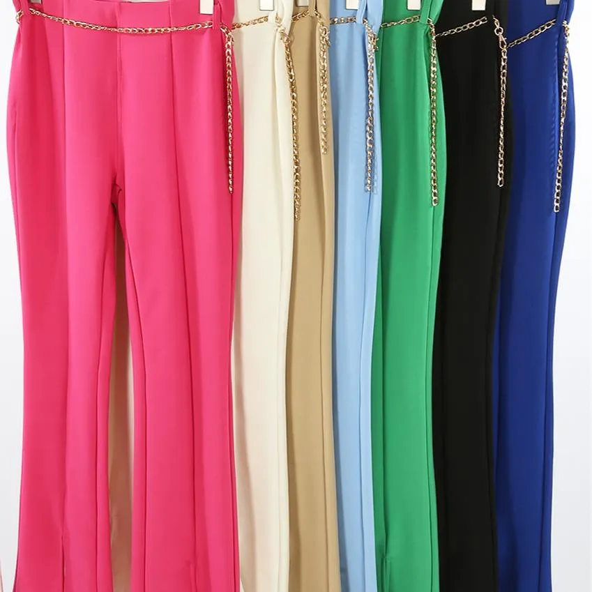 High Waisted Fit and Flare Trousers With Side Split And Chain Belt