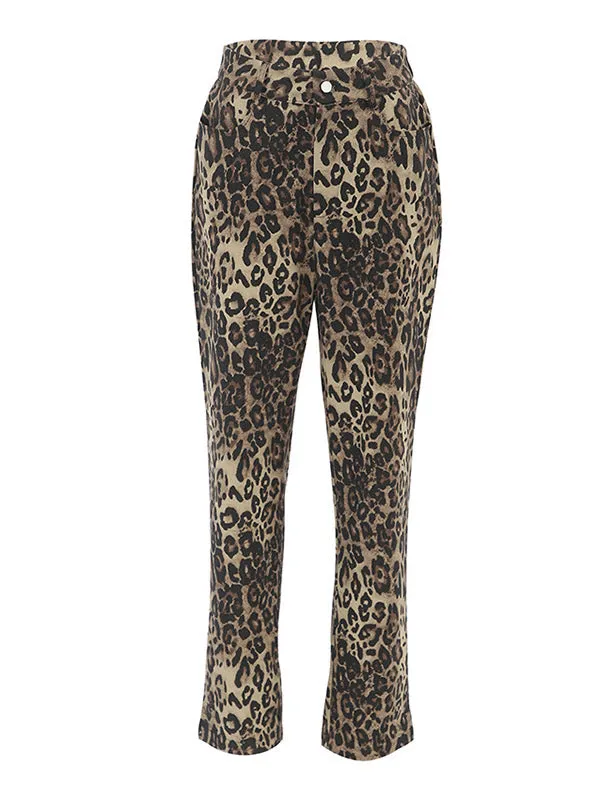 High Waisted Leopard Pockets Pants Trousers