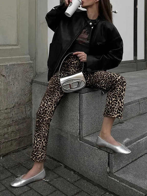 High Waisted Leopard Pockets Pants Trousers