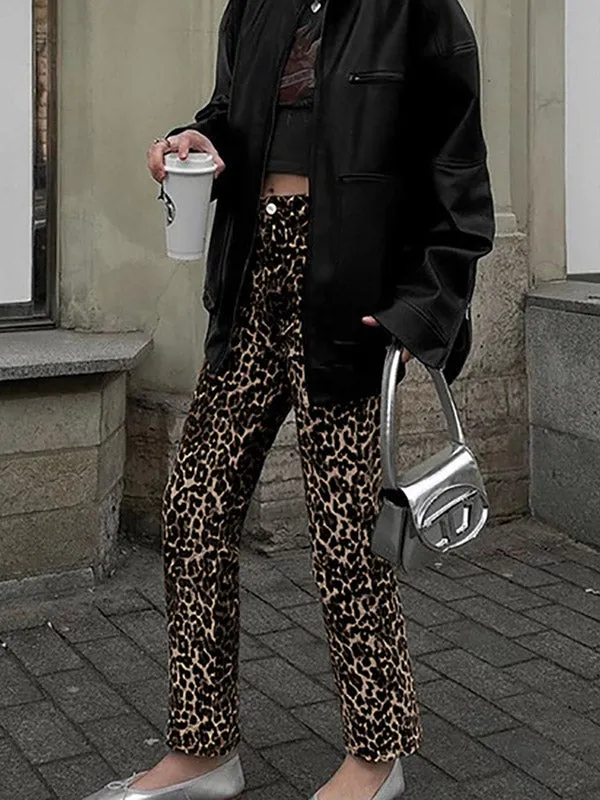 High Waisted Leopard Pockets Pants Trousers