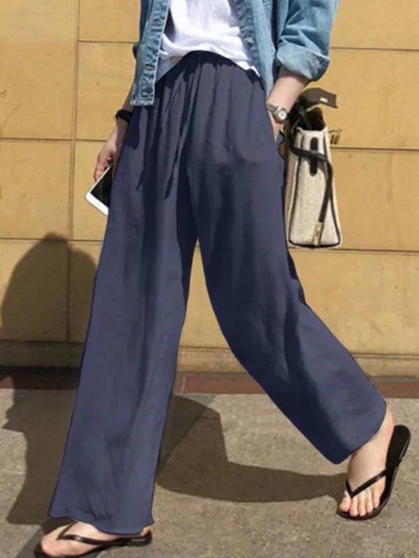 High Waisted Loose Drawstring Pockets Solid Color Pants Trousers