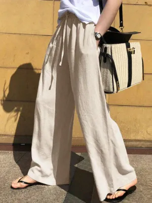 High Waisted Loose Drawstring Pockets Solid Color Pants Trousers