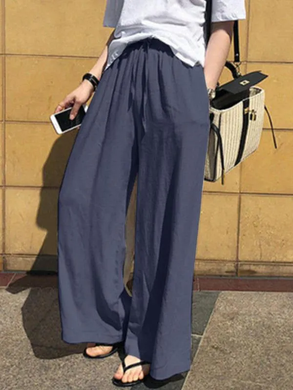 High Waisted Loose Drawstring Pockets Solid Color Pants Trousers