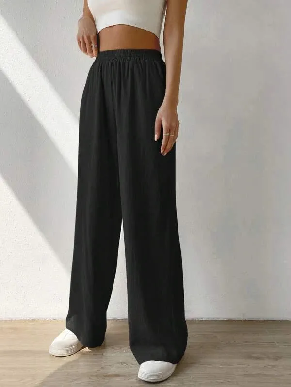 High Waisted Loose Elasticity Solid Color Split-Joint Pants Trousers