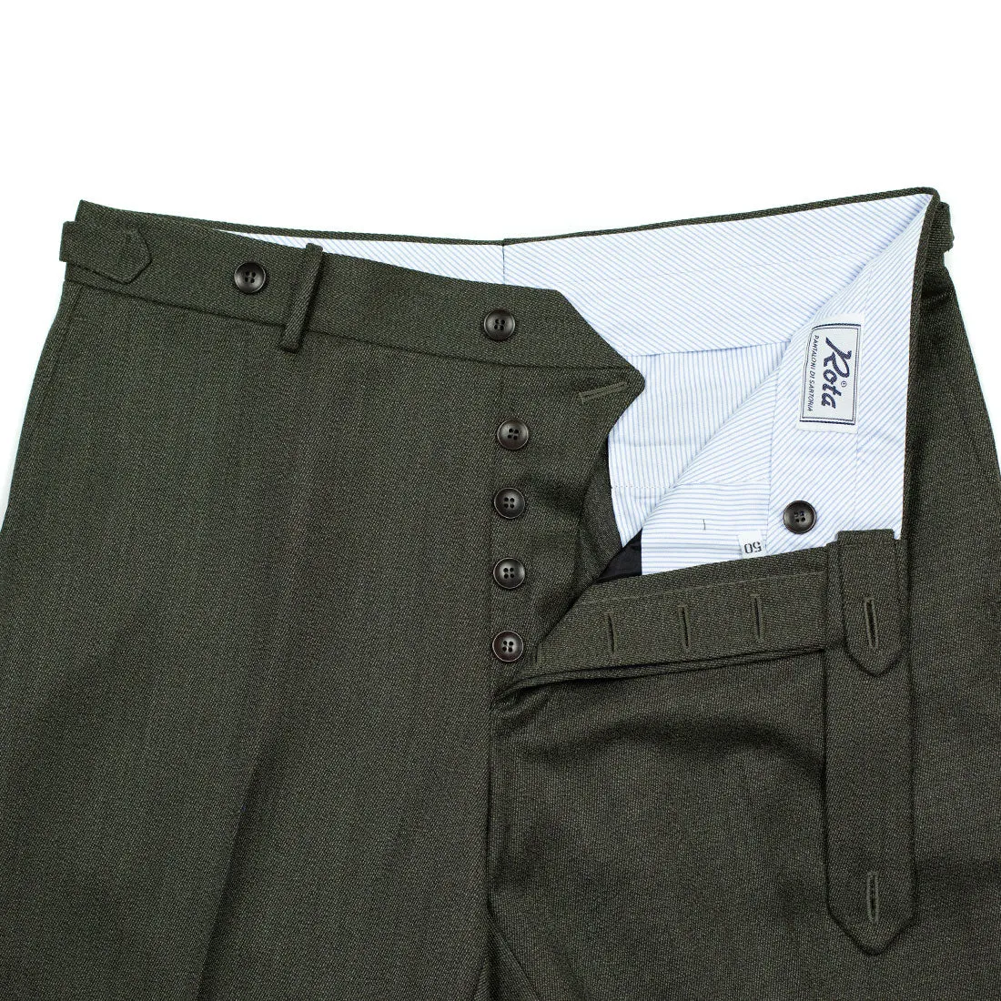 Higher-rise Olive Green Melange cavalry twill wool trousers (restock)