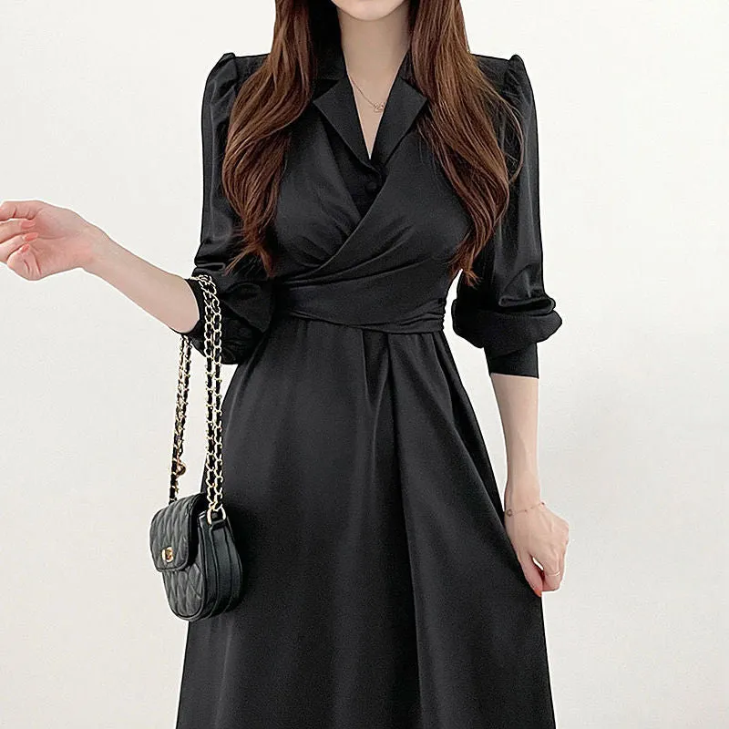 IKEARLAX South Korea Chic Early Autumn  Elegant Lapel Cross Lace-up Waist Puff Sleeve Shirt Dress Midi Dress