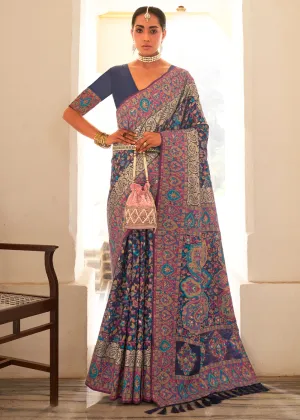 Indigo Blue Banarasi Jamawar Kashmiri Woven Silk Saree