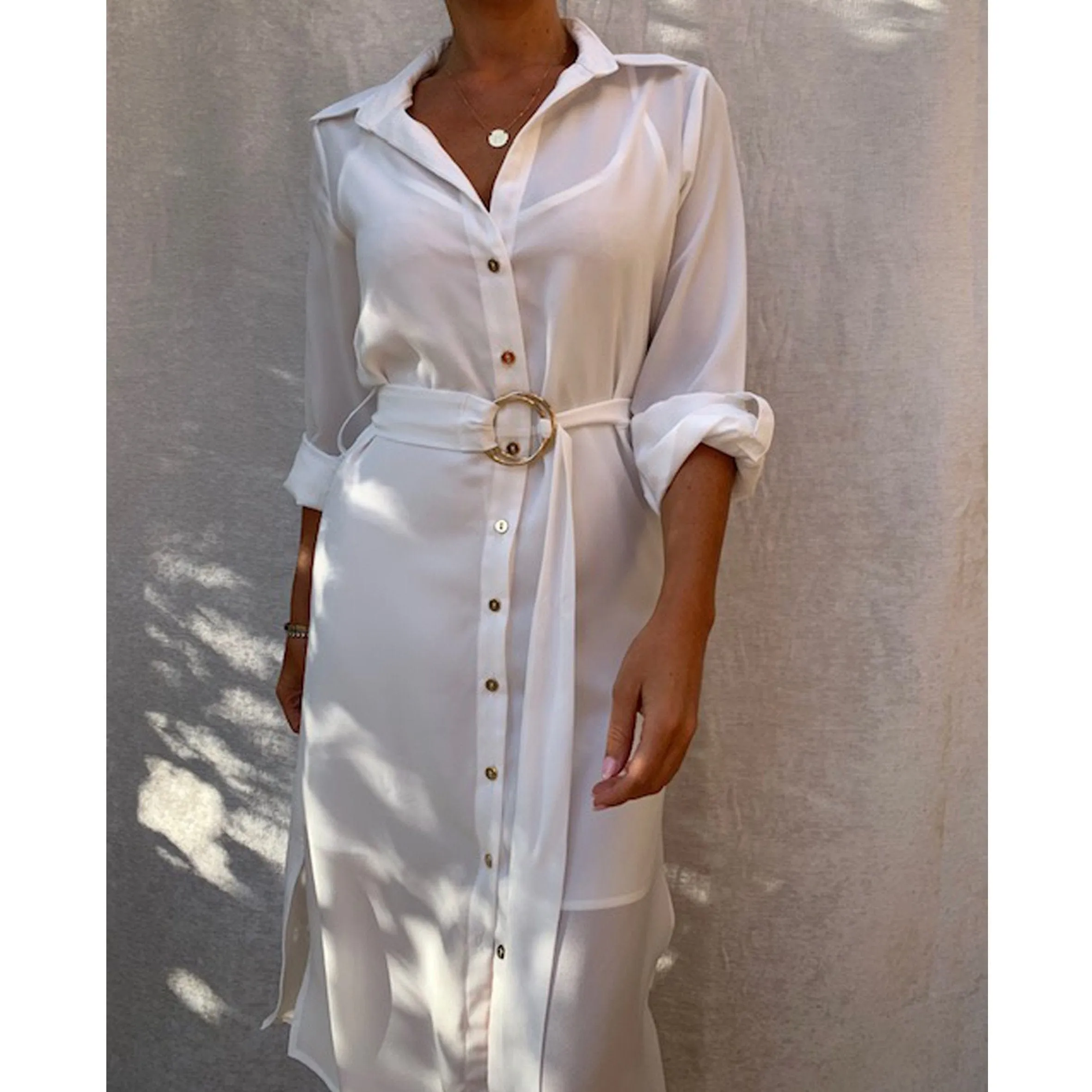 ISLA White Long Sleeve Midi Shirt Dress