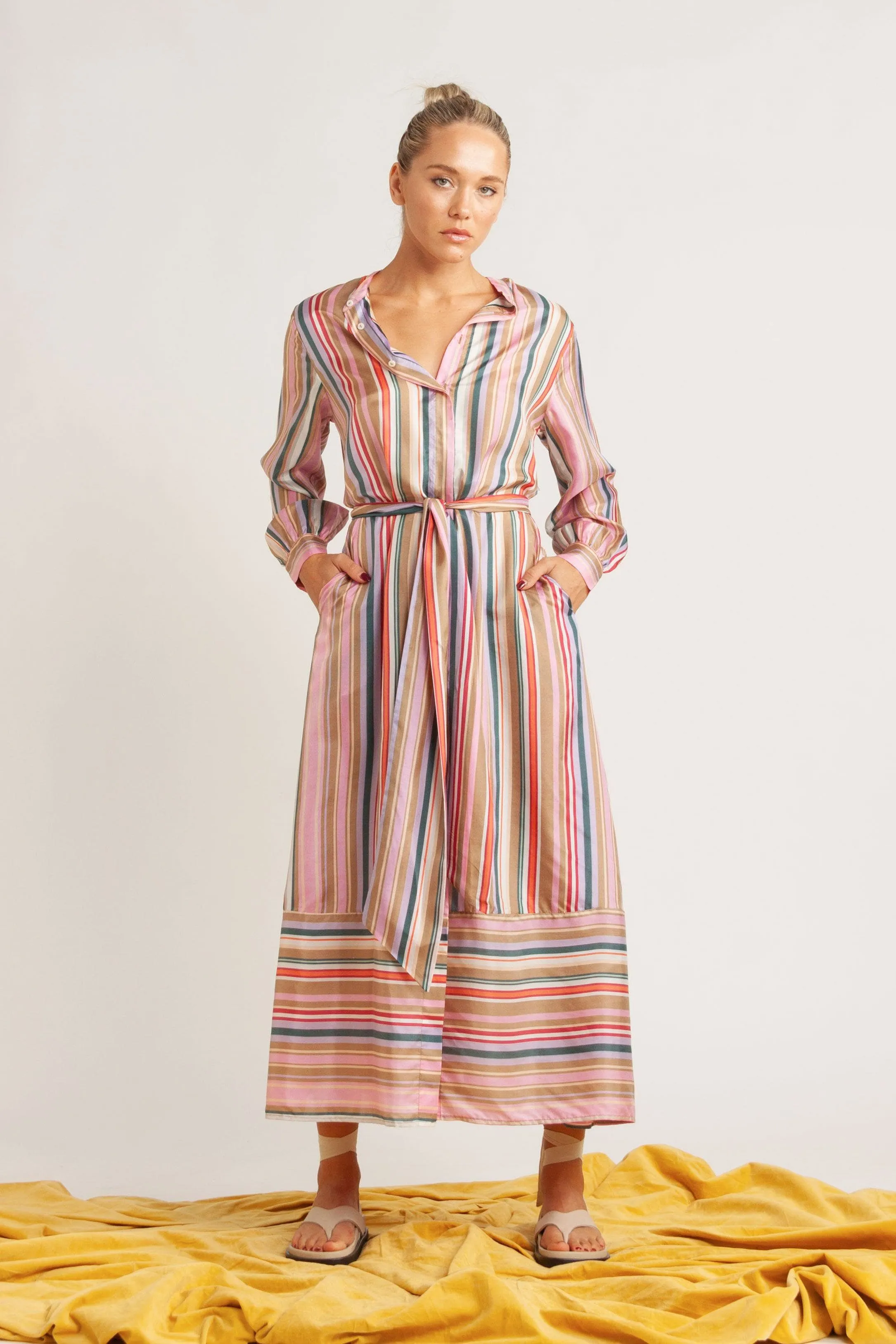 Kayla Multi-Stripe Silk Shirt Dress