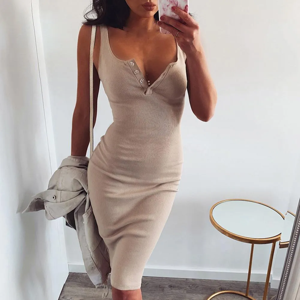 Knee-Length Knitted Elastic Sleeveless Slim Dress