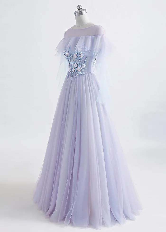 Lavender Off Shoulder Flower Lace Long Party Dress, A-line Purple Prom Dress Formal Dress