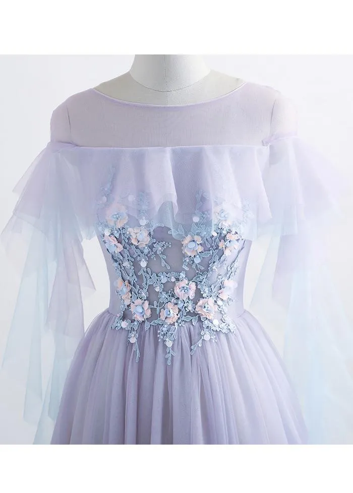 Lavender Off Shoulder Flower Lace Long Party Dress, A-line Purple Prom Dress Formal Dress