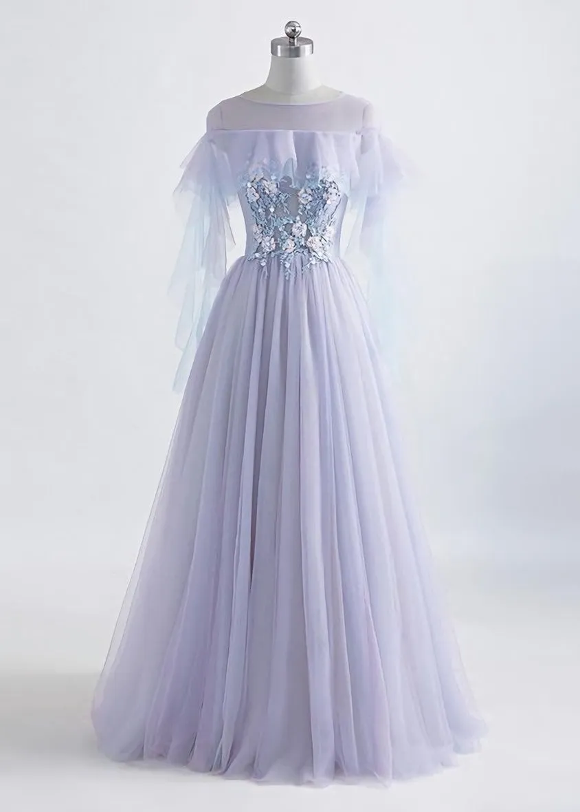 Lavender Off Shoulder Flower Lace Long Party Dress, A-line Purple Prom Dress Formal Dress