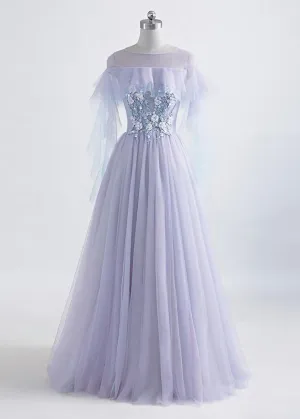 Lavender Off Shoulder Flower Lace Long Party Dress, A-line Purple Prom Dress Formal Dress