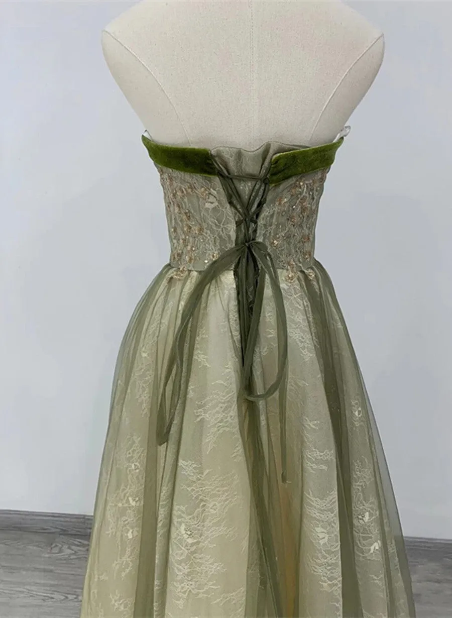 Light Green A-line Sweetheart Long Formal Dress, Green Lace Prom Dress