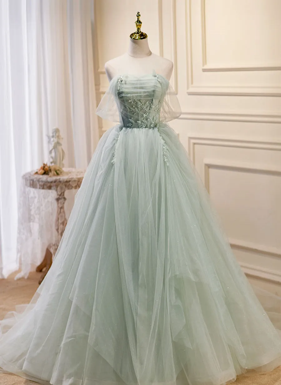 Light Green Tulle Beaded Sweetheart Long Prom Dress, A-line Green Formal Dress