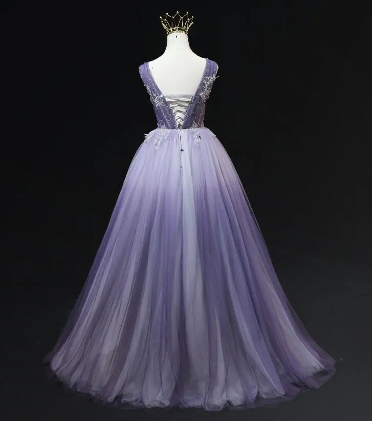 Light Purple Tulle Gradient Lace Applique Formal Dress, Long Prom Dress