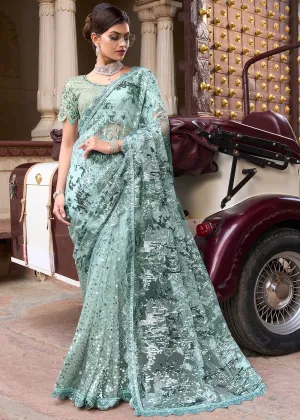 Light Sea Green Digital Net Saree with Sequins Pallu, Mirror & Foil work