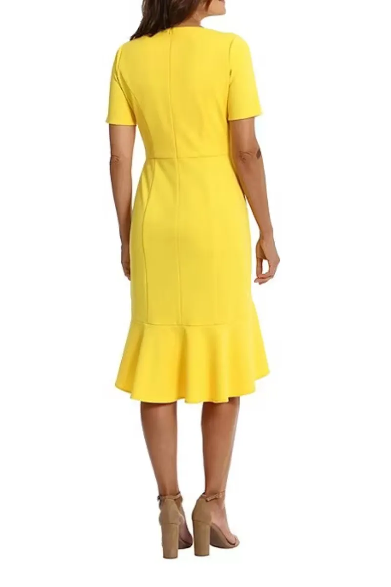 London Times Short Sleeve Scoop Neck High-Low Flounce Hem Scuba Crepe Sheath Dress