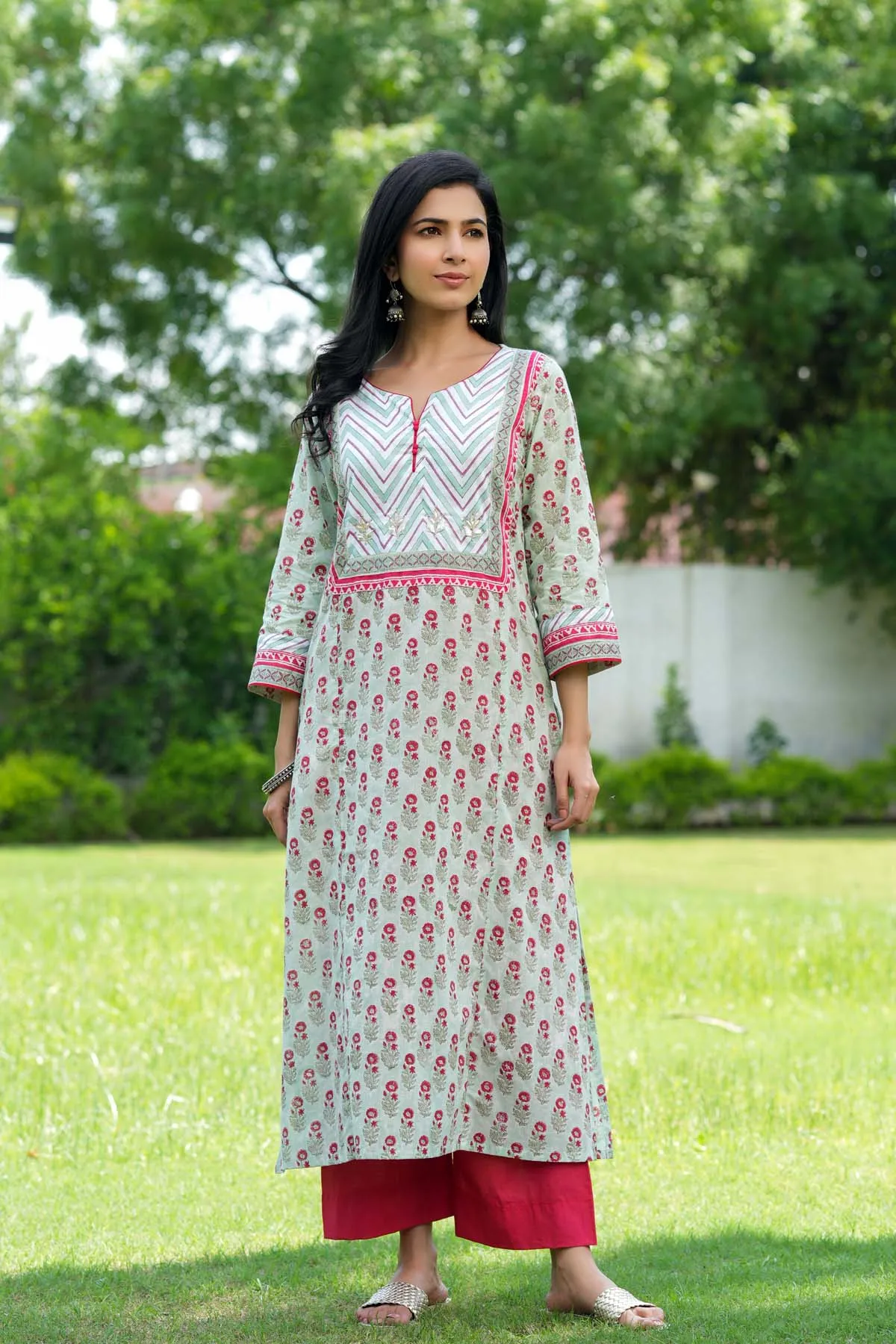 Long Length A-Line Kurta In Astringent Green Color