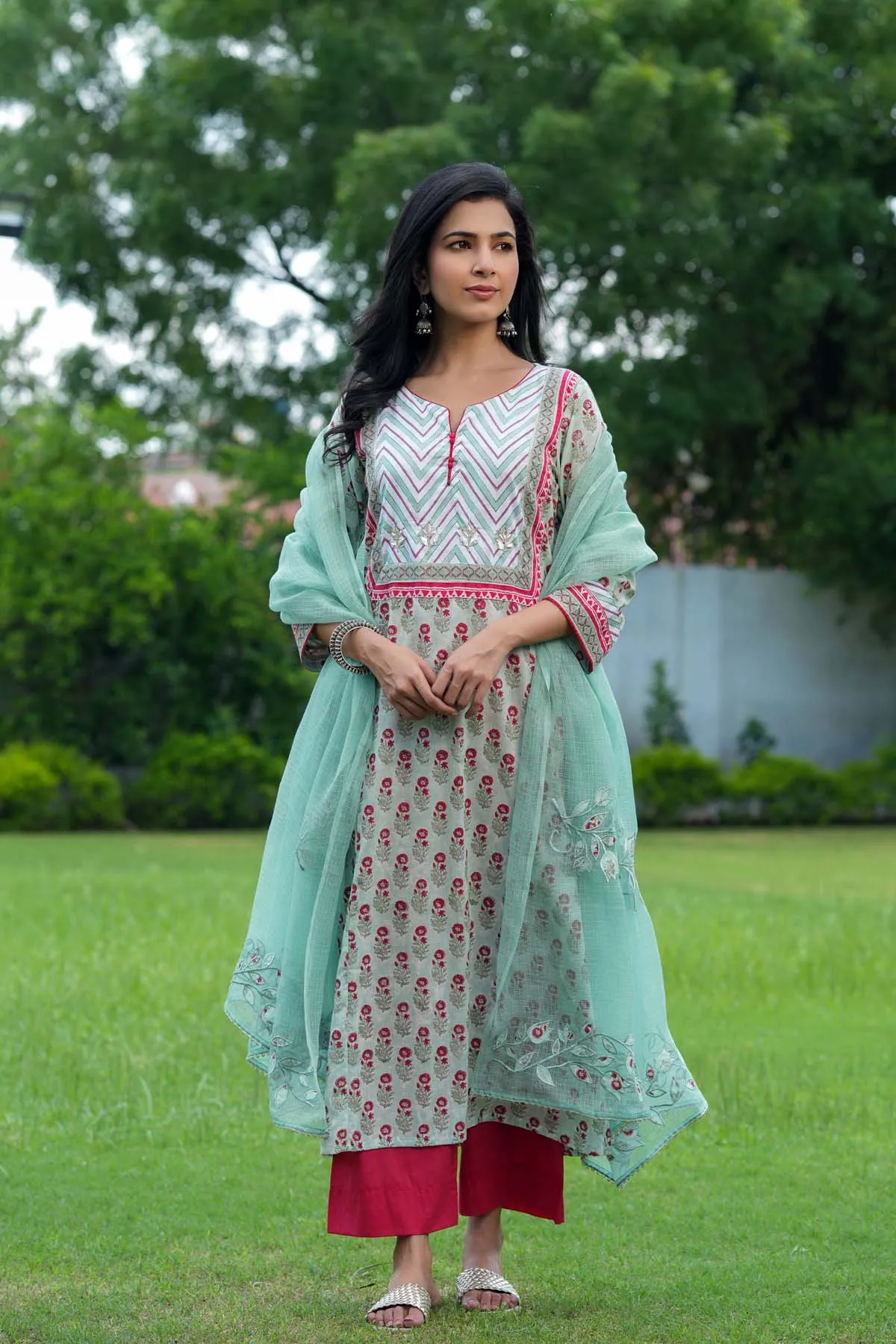 Long Length A-Line Kurta In Astringent Green Color