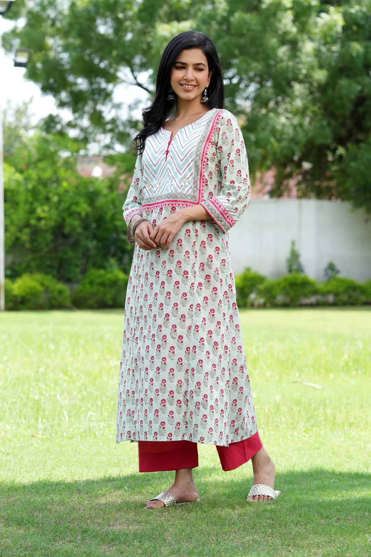 Long Length A-Line Kurta In Astringent Green Color