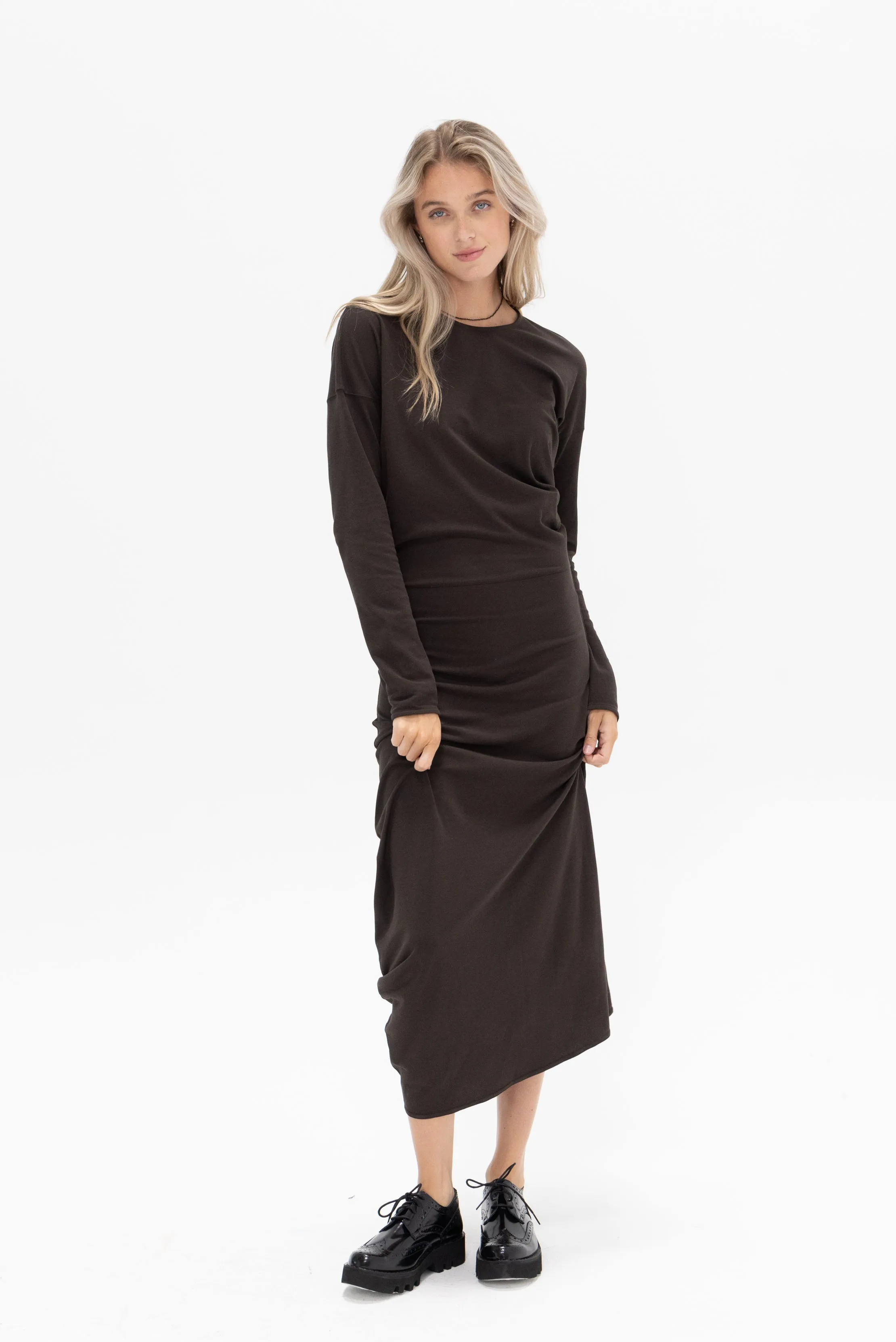 Long Sleeve Twisted Dress, Dark Espresso