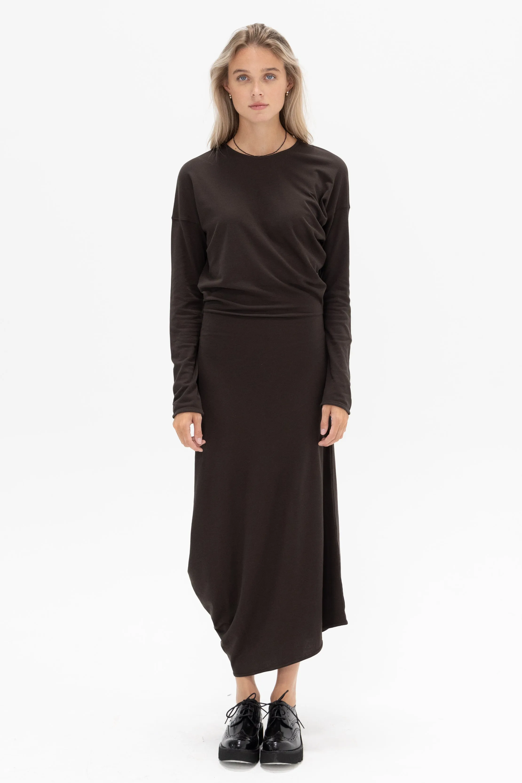 Long Sleeve Twisted Dress, Dark Espresso