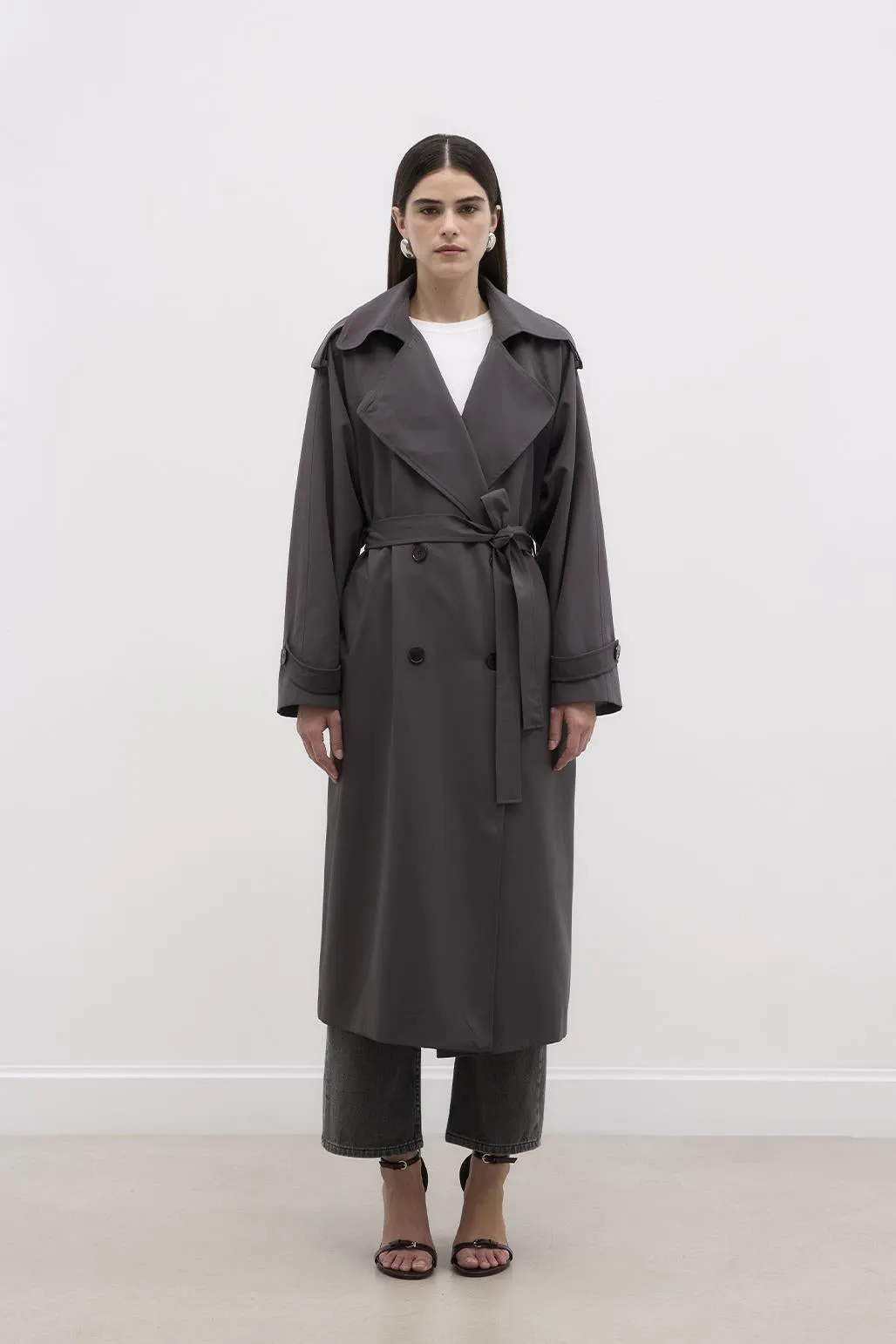 Long Trench Coat with Epaulettes Smoked