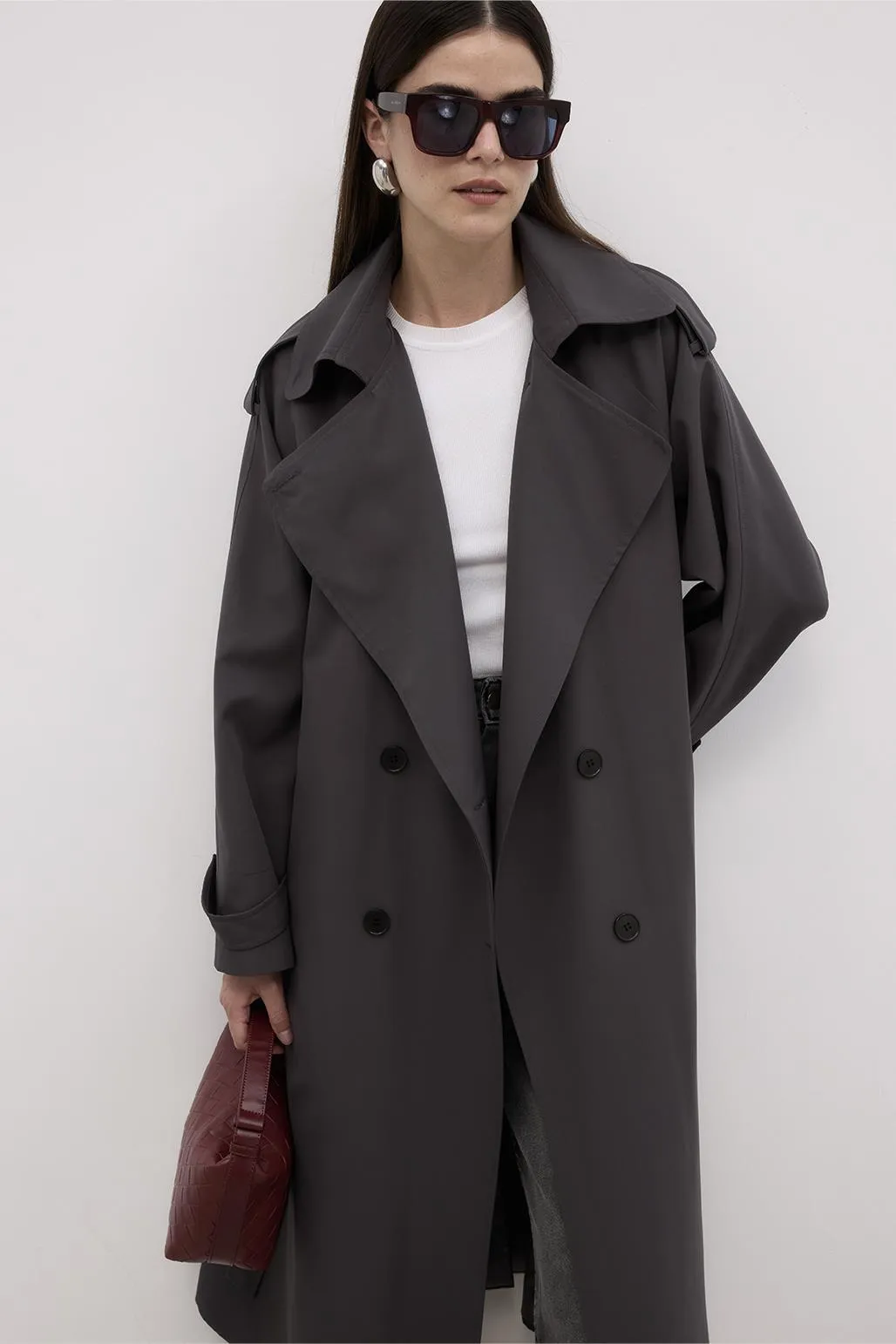 Long Trench Coat with Epaulettes Smoked