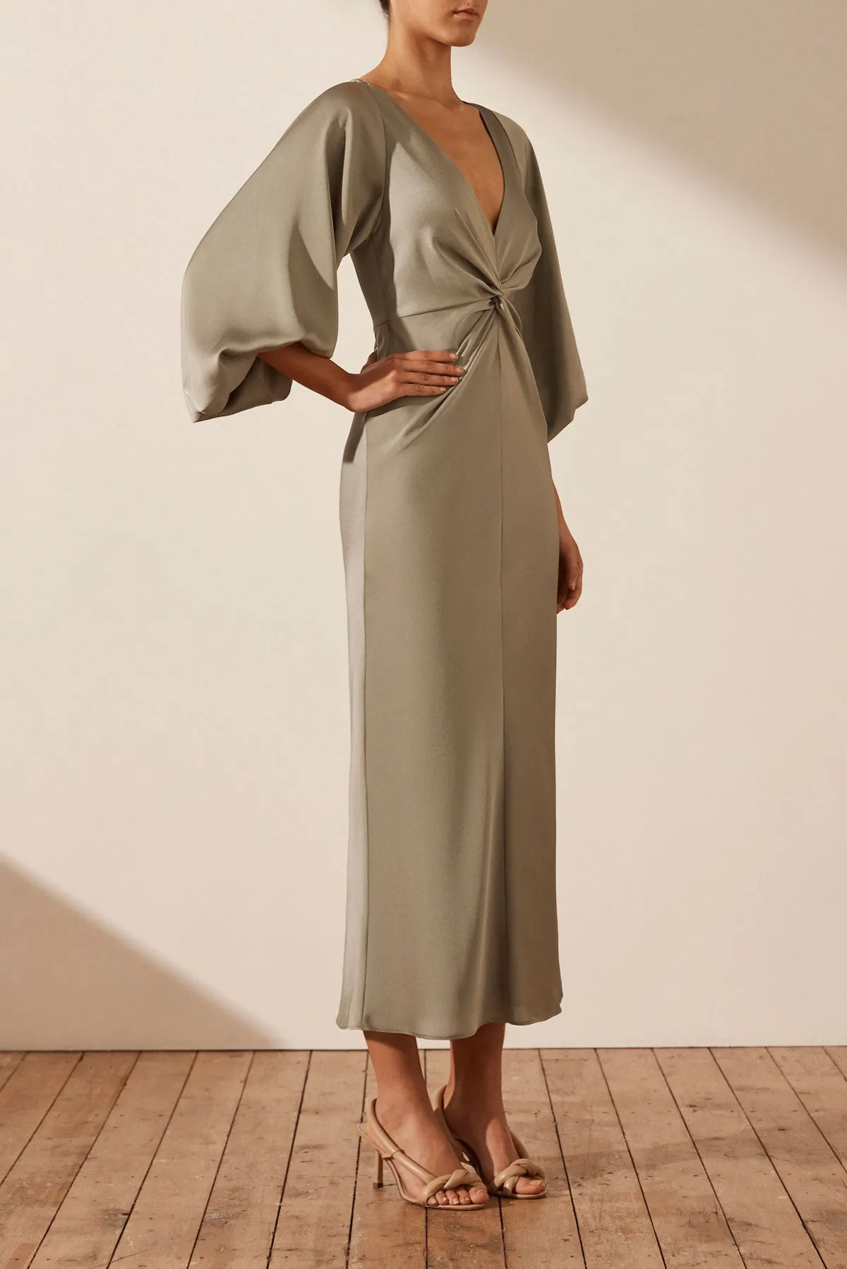 LUXE BALLOON SLEEVE KNOT FRONT MIDI DRESS - EUCALYPTUS