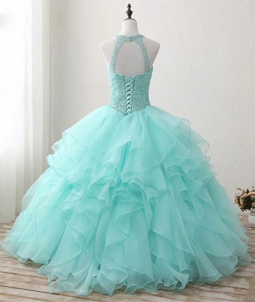 Mint Green Organza and Beaded Long Sweet 16 Dress, Handmade Formal Dress