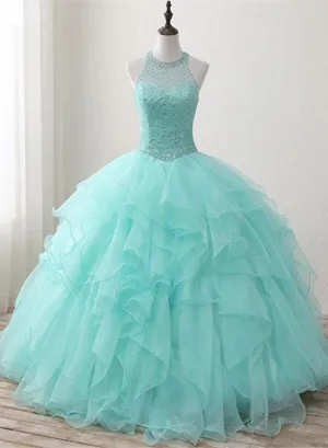 Mint Green Organza and Beaded Long Sweet 16 Dress, Handmade Formal Dress