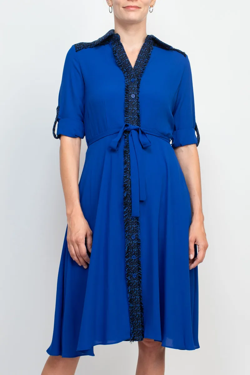 Nanette Lepore collared knit detail button down folded sleeve tie waist chiffon dress