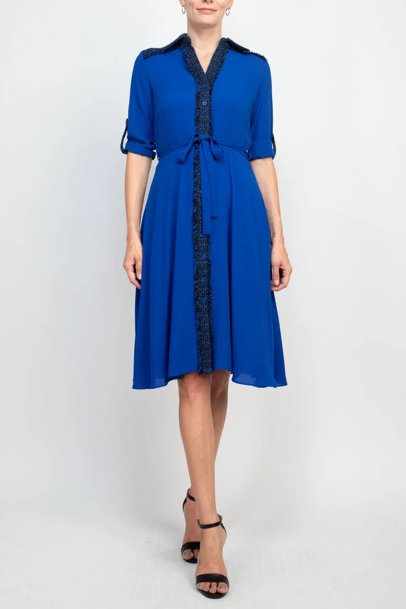 Nanette Lepore collared knit detail button down folded sleeve tie waist chiffon dress