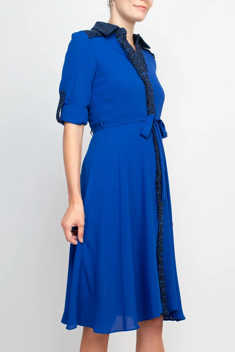 Nanette Lepore collared knit detail button down folded sleeve tie waist chiffon dress