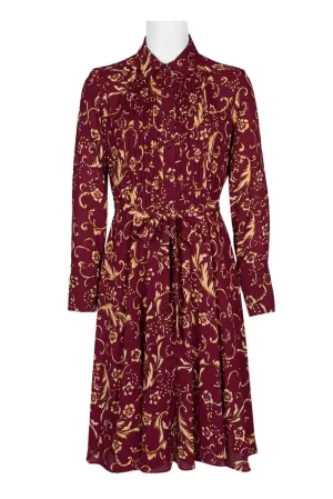 NANETTE Nanette Lepore Collared Long Sleeve Button Down Tie Waist Paisley Print Polyester Dress