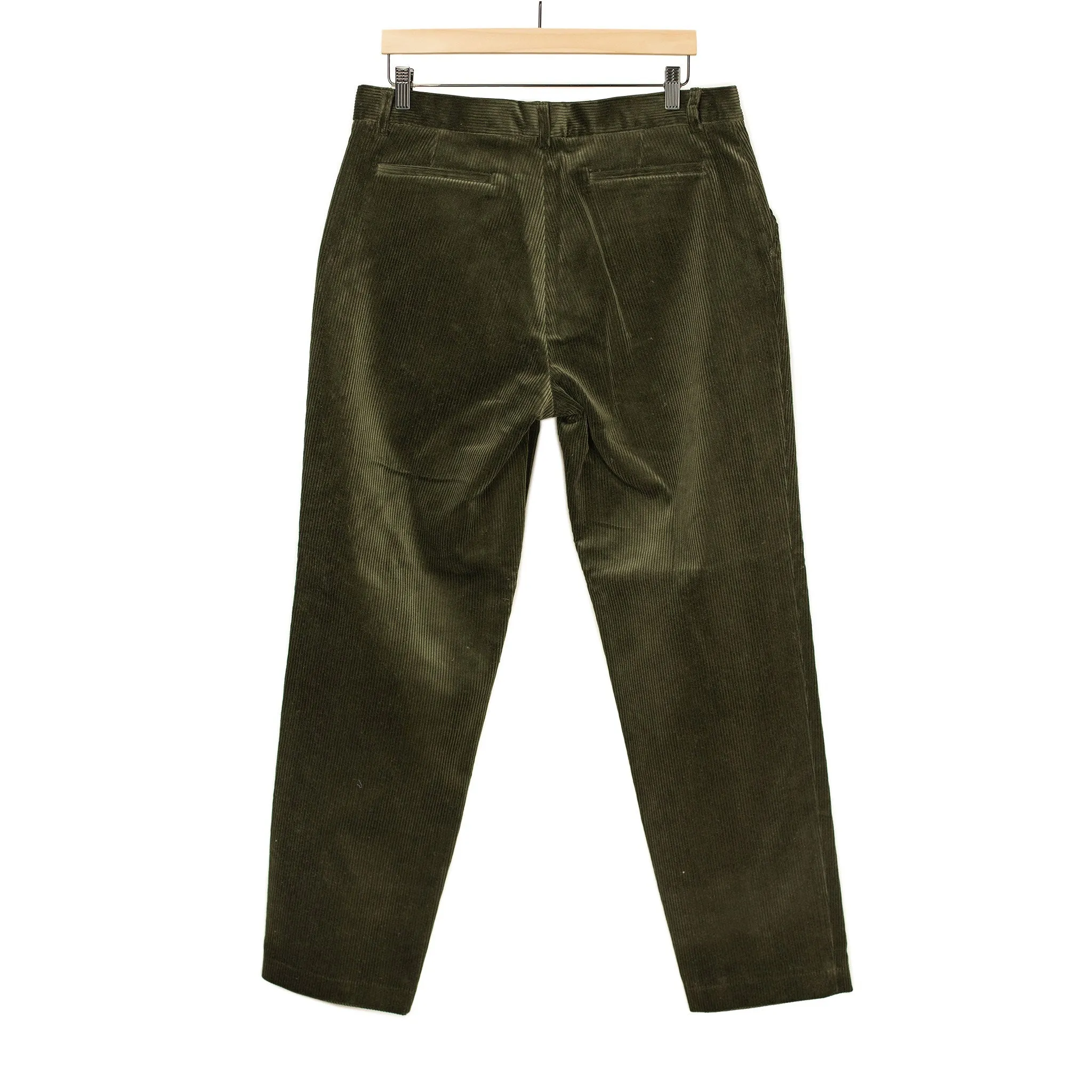 One pleat trousers in dark olive wide wale cotton corduroy