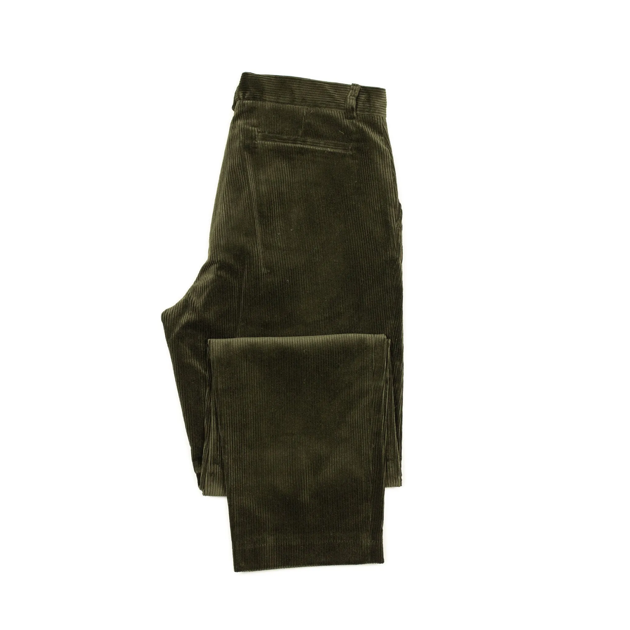 One pleat trousers in dark olive wide wale cotton corduroy