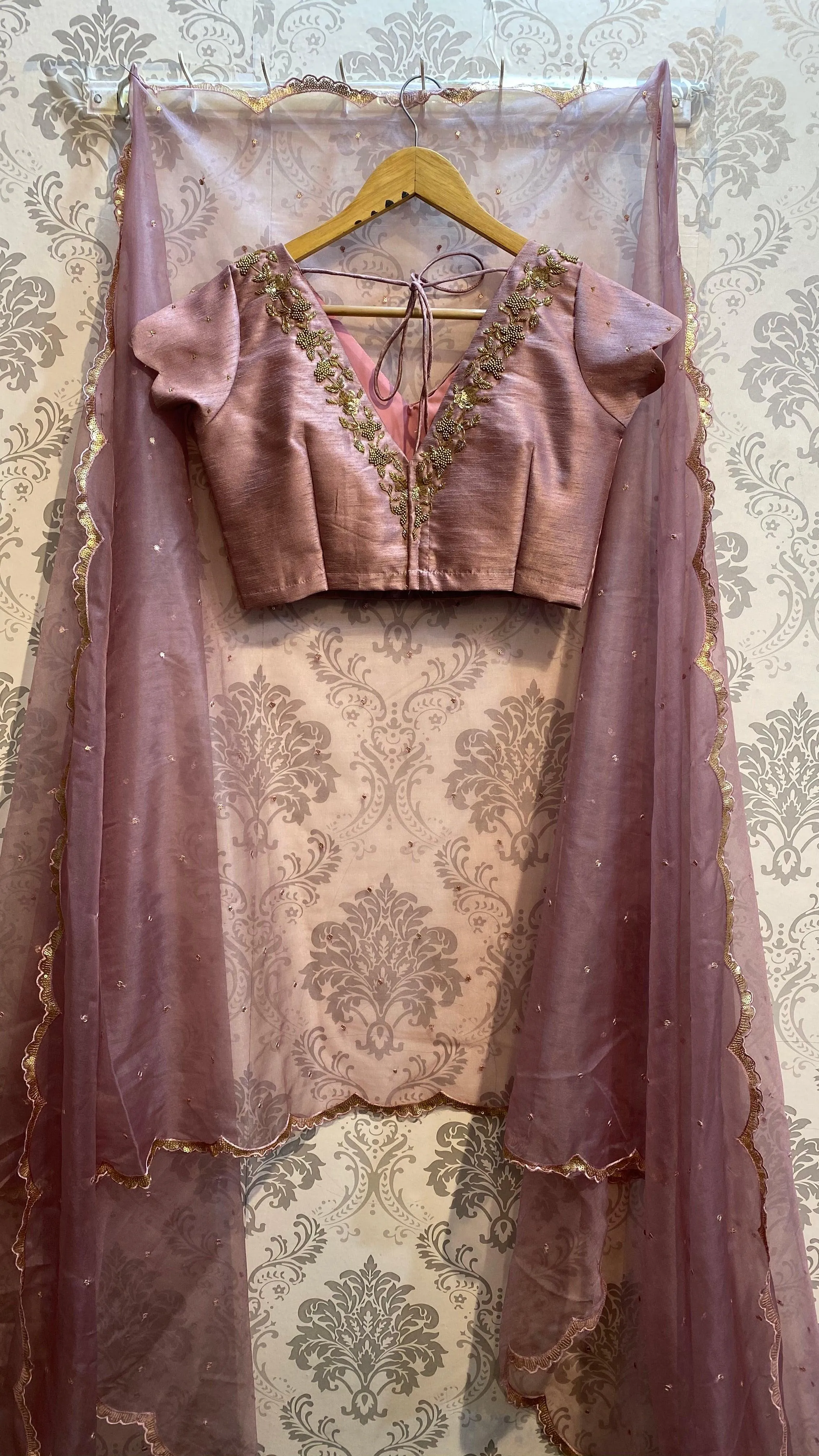 Onion pink silk heavy V shaped hand worked blouse