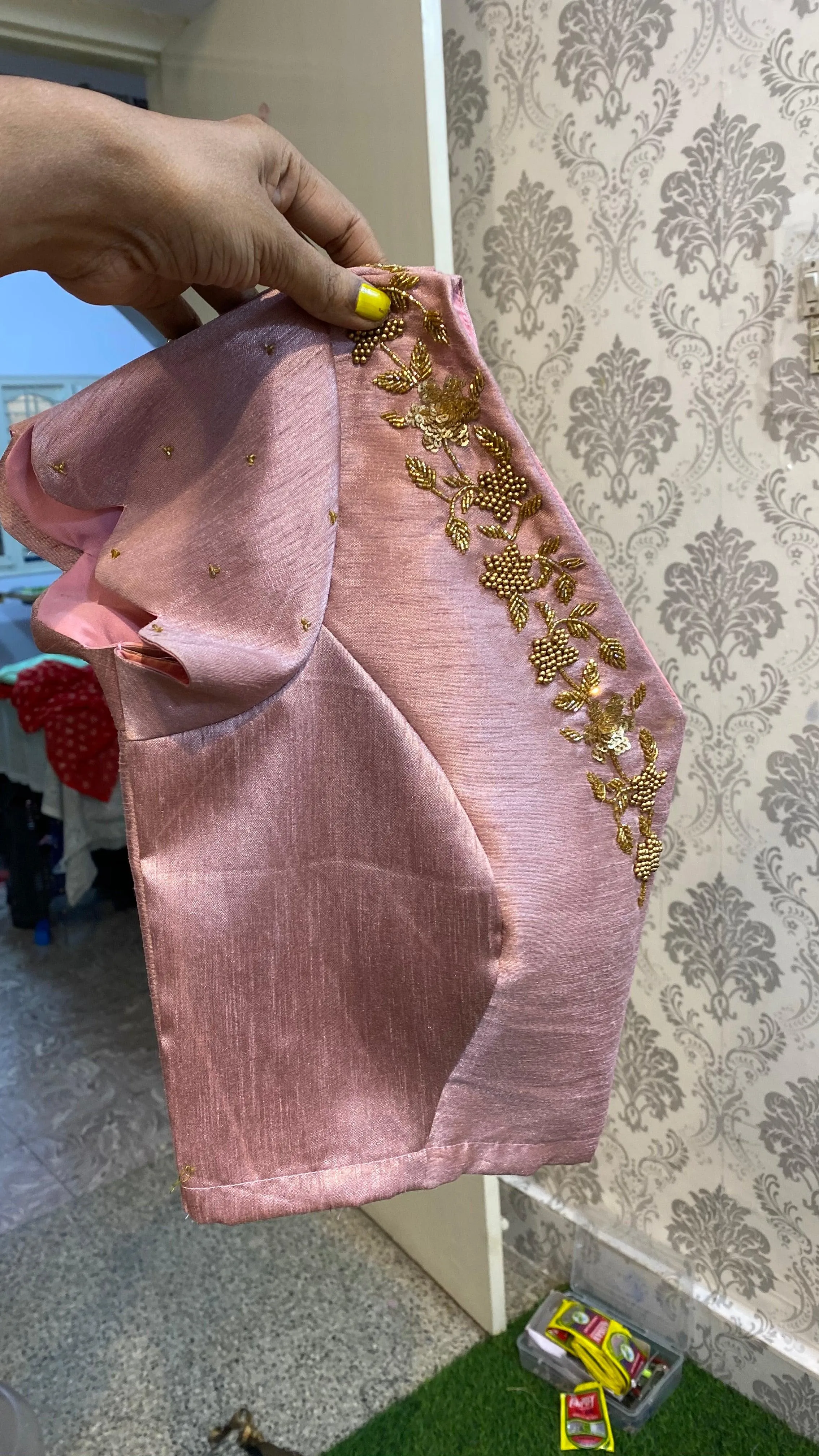 Onion pink silk heavy V shaped hand worked blouse